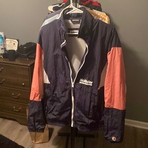 Navy blue, pink and white Hollister jacket. Windbreaker material.